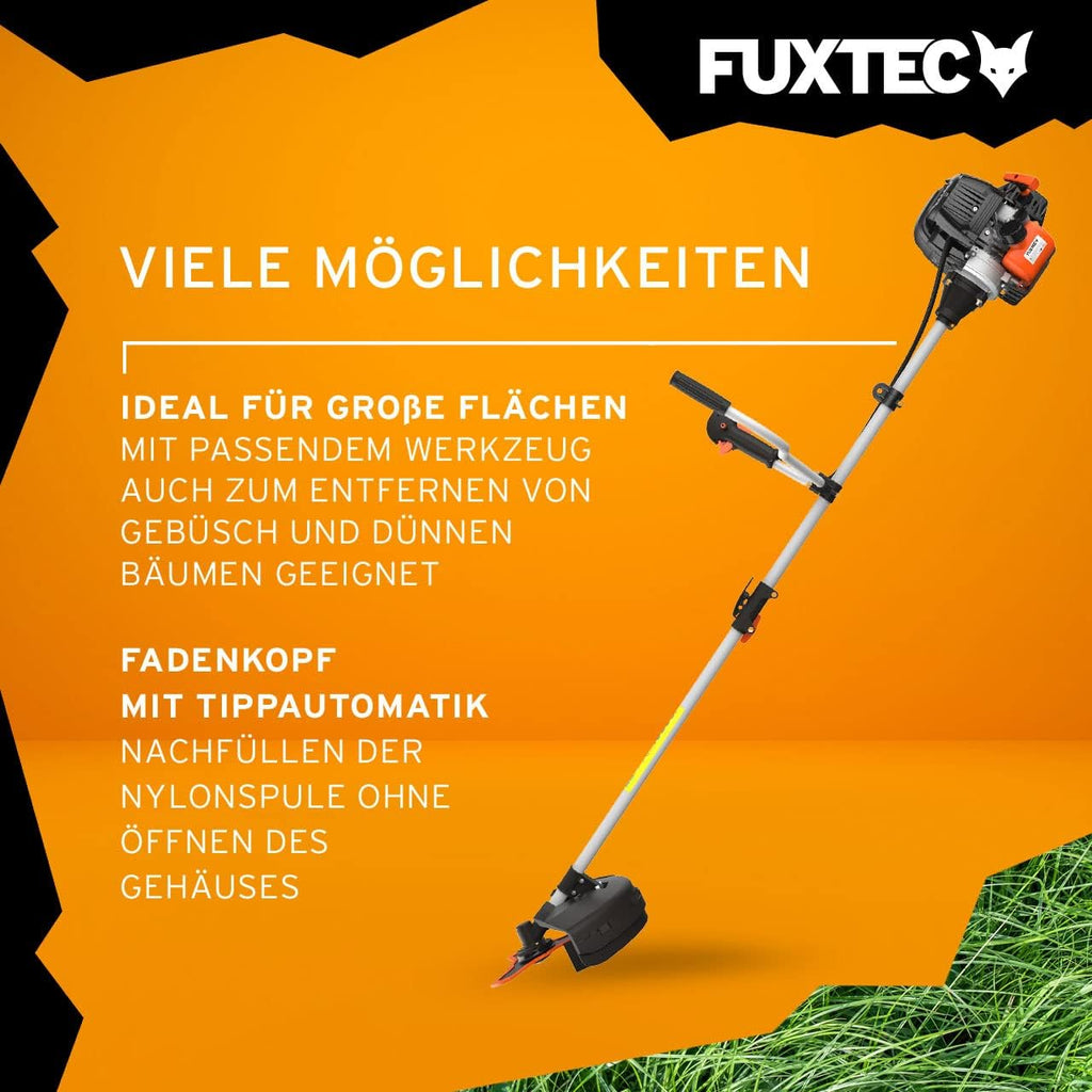 FUXTEC Benzin Motorsense FX-4MS131, Rasentrimmer mit 4-Takt-Motor, 320 mm Schnittkreis, ergonomischer Zweihandgriff, Notstop-Schalter, leichtgewichtig, inkl. Profi-Tragegurt/Messer/Faden