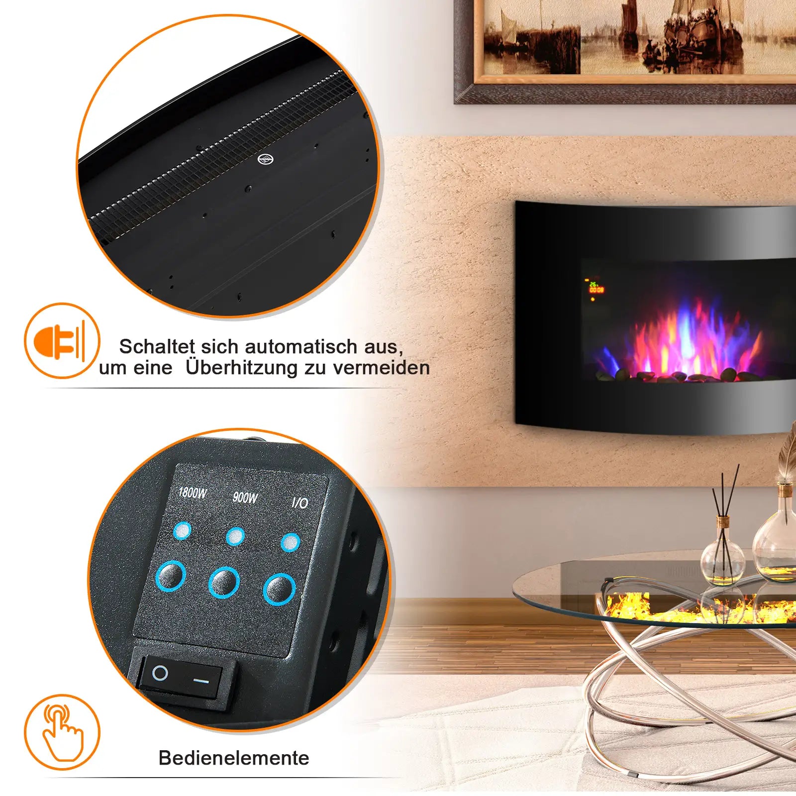 HOMCOM Elektrokamin LED-Flammeneffekt 7 Farben Überhitzungsschutz Edelstahl