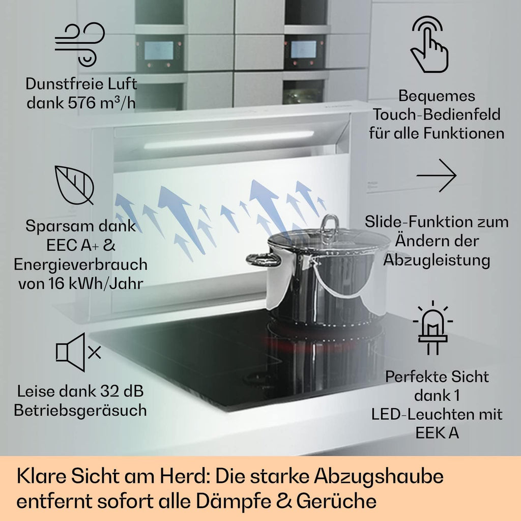Klarstein Downdraft-Dunstabzugshaube, Versenkbare Abzugshaube, Leise Dunstabzugshauben mit Filter, Dunstabzugshaube 60cm, Umluft/Abluft Dunsthaube mit 10 Stufen, Dunstabzug 576 m³/h Luftstrom
