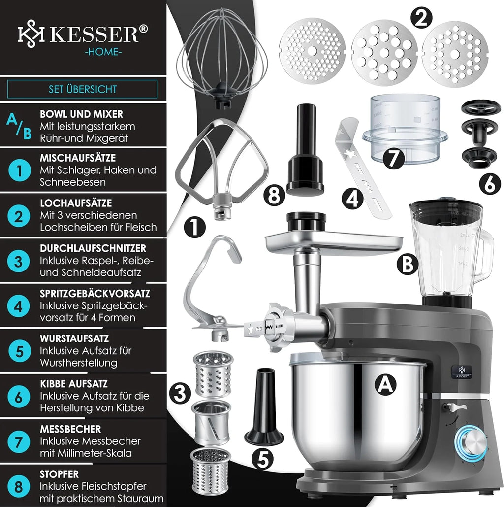 KESSER® 3 in 1 Universal Küchenmaschine K-KM 3000 mit Fleischwolf Knetmaschine Multifunktionale Rührmaschine 5,5L Schüssel mit 3 Rührwerkzeuge, 1,5L Entsafter, Zubehör-Set, Pasta & Gebäckformen