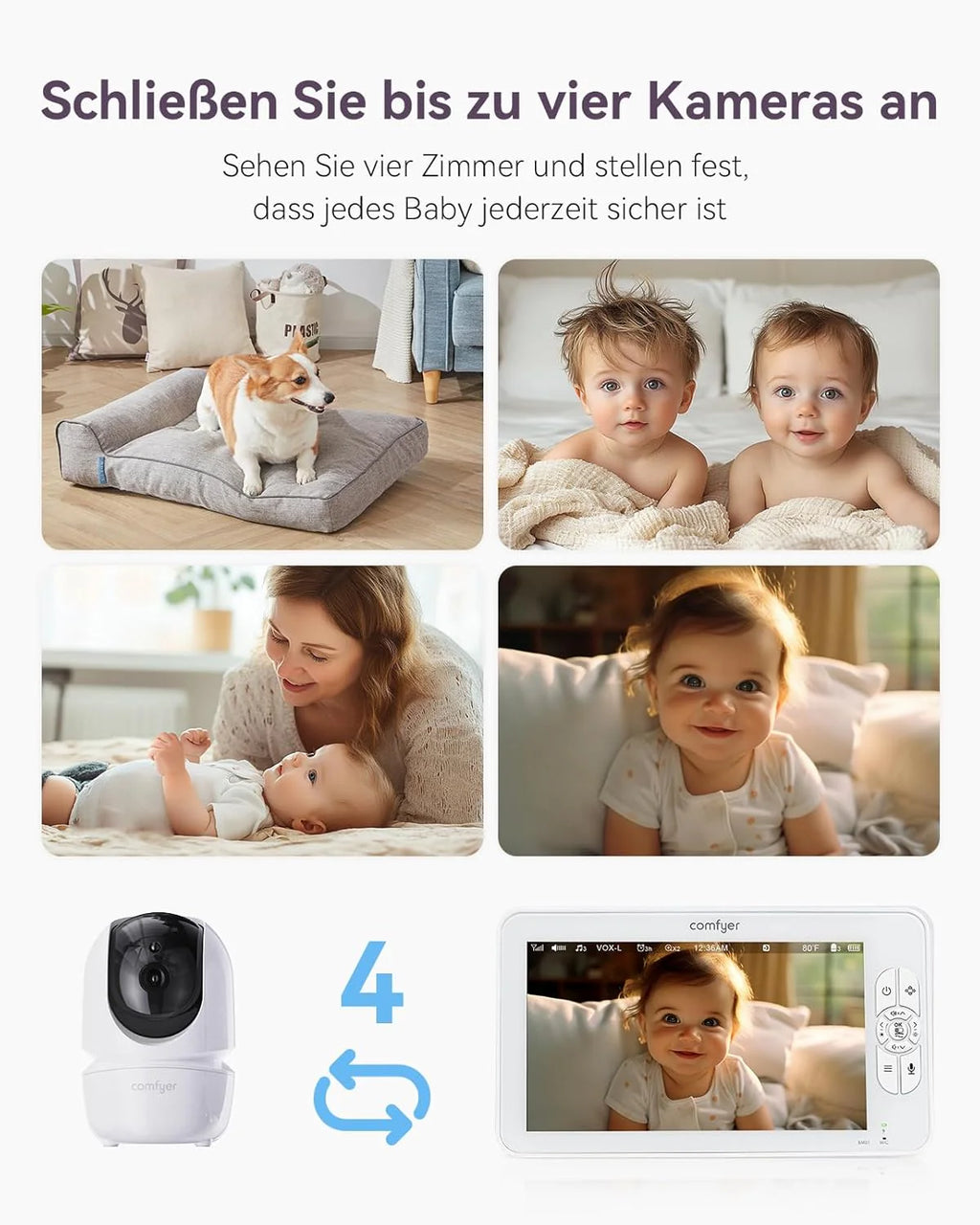 Comfyer Split-Screen Babyphone mit 2 Kameras, 7 HD 720P Video Babyphone ohne WLAN mit Halterung, IR-Nachtsicht Weitwinkelobjektiv Vox-Modus 2-Wege-Audio 960 Fuß Reichweite Videoüberwachungsgeräte