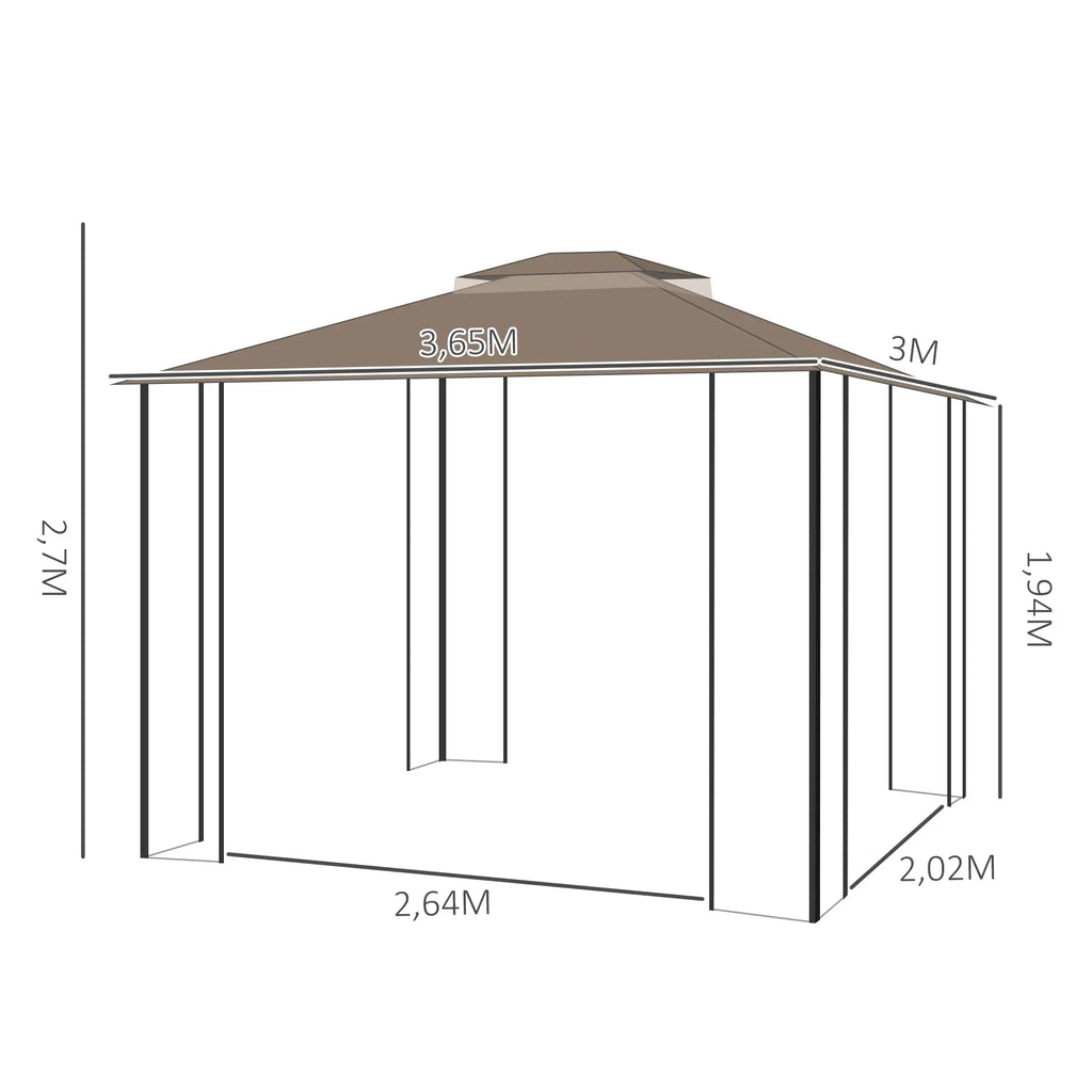 Outsunny Gartenpavillon 3,65 × 3 m mit Doppeldach & Moskitonetz – Braun/Beige