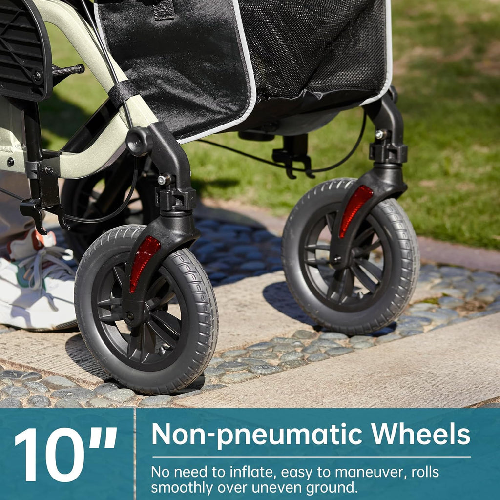 Geländegängiger 2-in-1-Rollator und Transportstuhl, zusammenklappbarer Rollstuhl mit luftlosen 10-Zoll-Rädern für Senioren, umkehrbare Rückenlehne und abnehmbare Fußstützen, blau