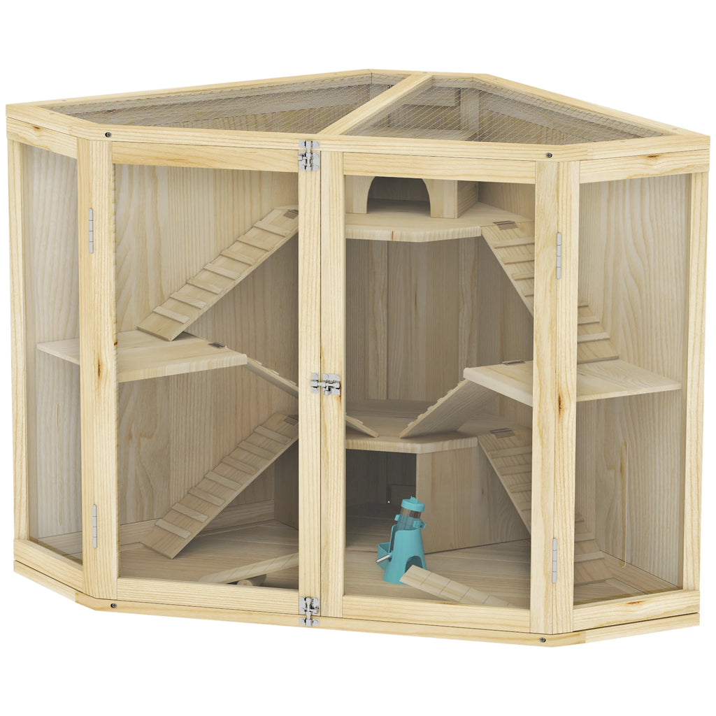 PawHut Hamsterkäfig Holz 4 Ebenen mit Zubehör und Sichtfenster