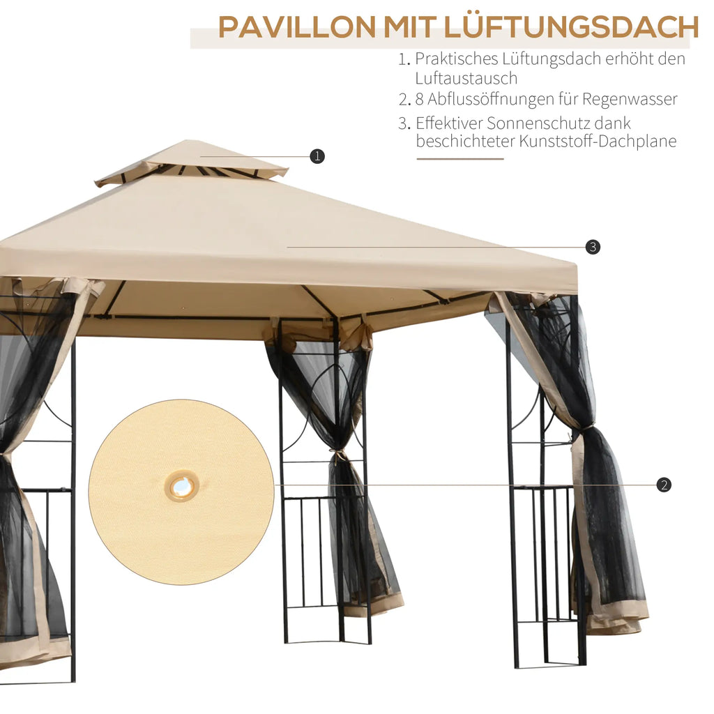 Outsunny Gartenpavillon Doppeldach mit Ablagen und Netz-Seitenwänden