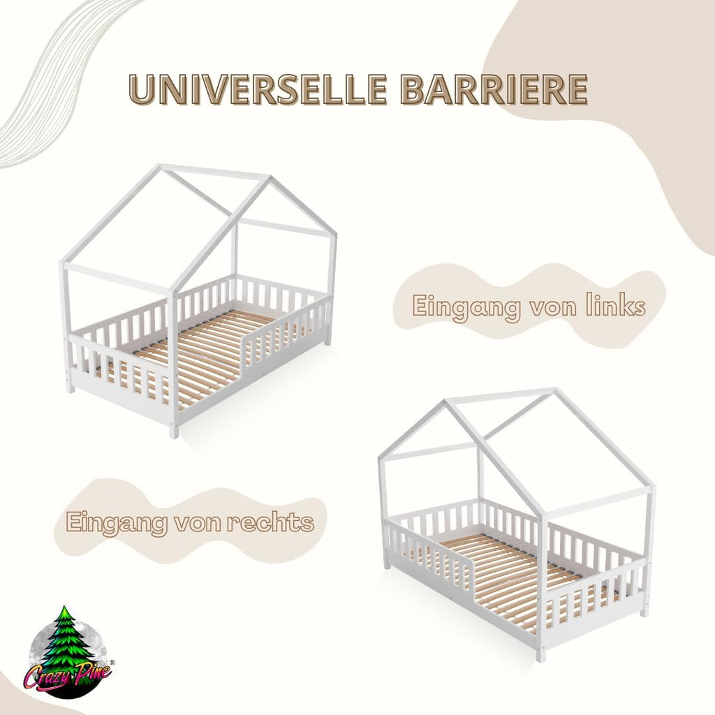Crazy Pine Hausbett mit Schubladen 200x90 cm – Kinderbett aus Naturholz mit Rausfallschutz – Montessori Bodenbett mit zusätzlichen Stauraum und und Abnehmbarer Barriere - Crazy House