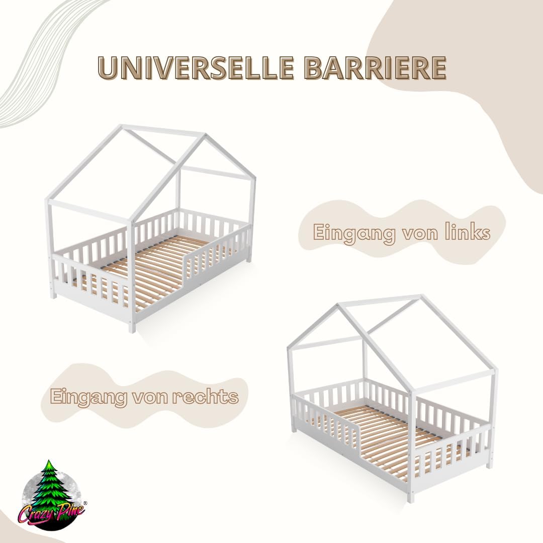 Crazy Pine Hausbett mit Schubladen 200x90 cm – Kinderbett aus Naturholz mit Rausfallschutz – Montessori Bodenbett mit zusätzlichen Stauraum und und Abnehmbarer Barriere - Crazy House
