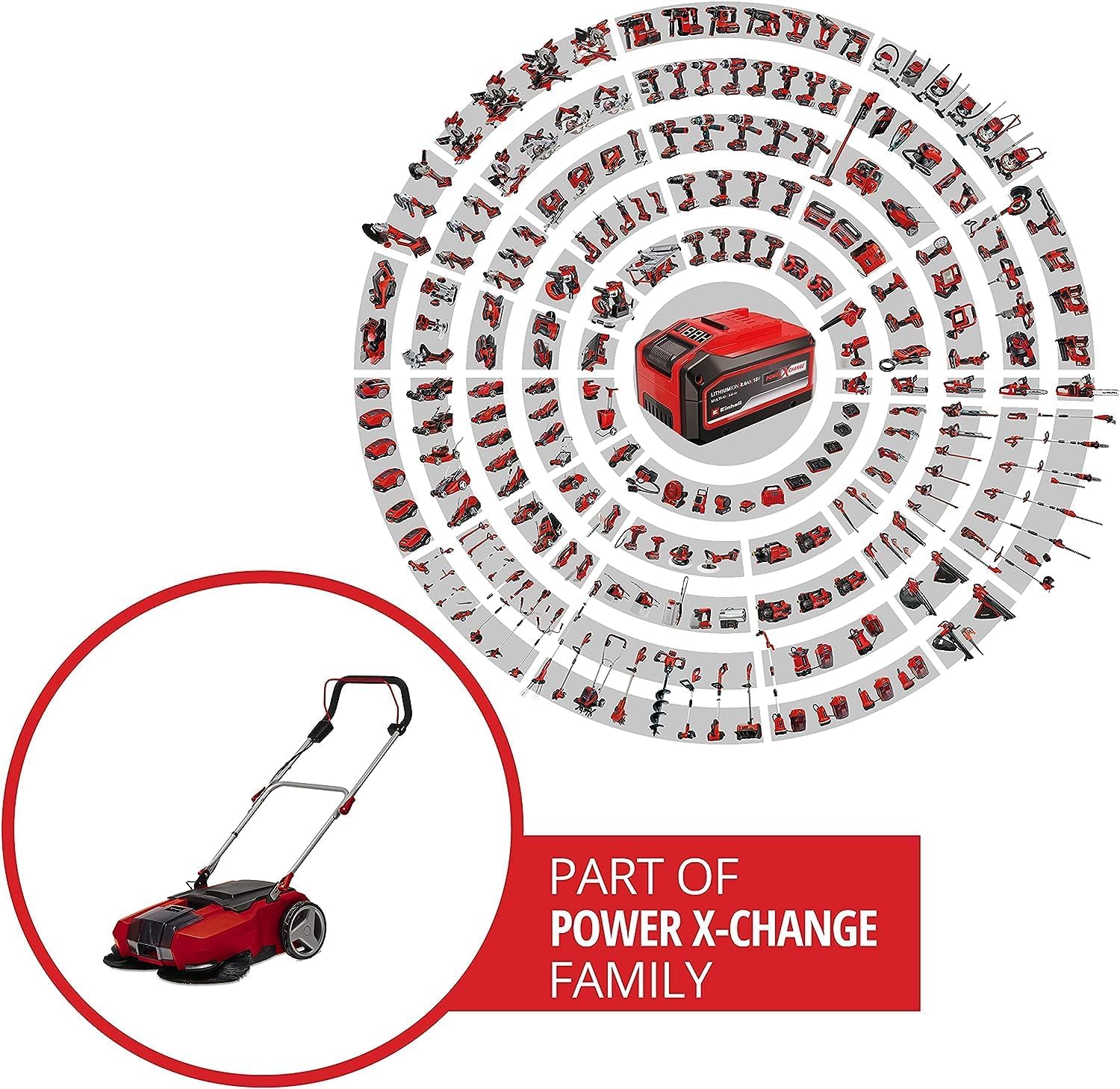 Einhell Akku-Kehrmaschine TE-SW 18/610 Li-Solo Power X-Change (18 V, Li-Ion, 20 L Schmutzbehlter, 61 cm Arbeitsbreite, Parkposition, verstellbarer Lenker, abnehmbare Lippe, Ein-und Ausschalter), Rot