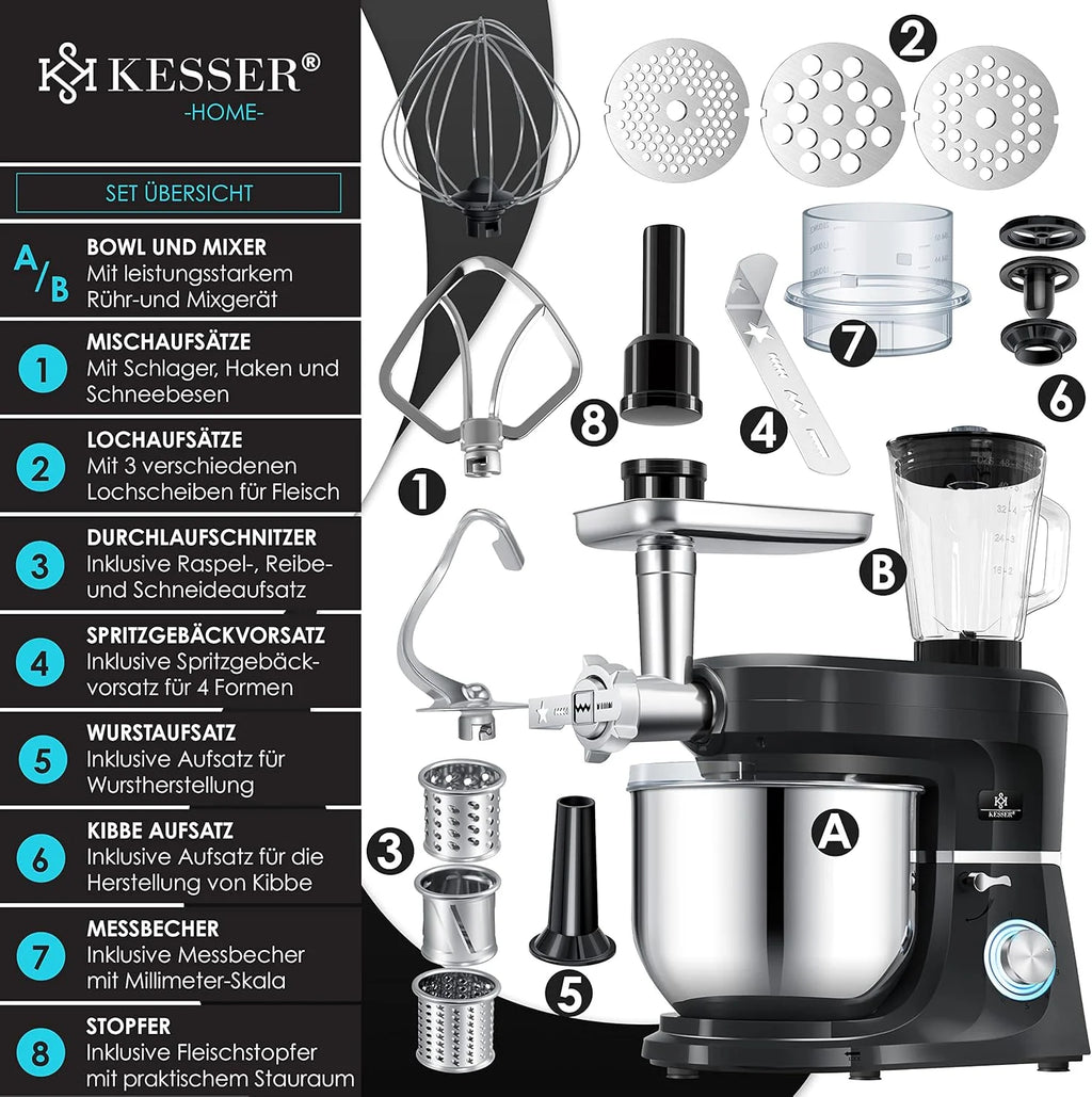 KESSER® 3 in 1 Universal Küchenmaschine K-KM 3000 mit Fleischwolf Knetmaschine Multifunktionale Rührmaschine 5,5L Schüssel mit 3 Rührwerkzeuge, 1,5L Entsafter, Zubehör-Set, Pasta & Gebäckformen