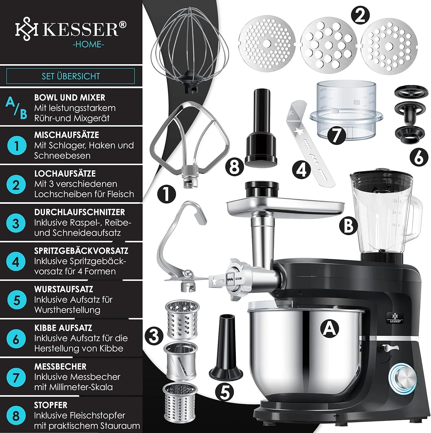 KESSER® 3 in 1 Universal Küchenmaschine K-KM 3000 mit Fleischwolf Knetmaschine Multifunktionale Rührmaschine 5,5L Schüssel mit 3 Rührwerkzeuge, 1,5L Entsafter, Zubehör-Set, Pasta & Gebäckformen