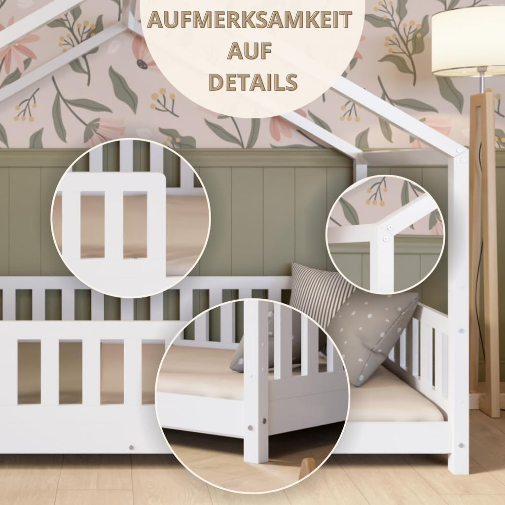 Crazy Pine Hausbett mit Schubladen 200x90 cm – Kinderbett aus Naturholz mit Rausfallschutz – Montessori Bodenbett mit zusätzlichen Stauraum und und Abnehmbarer Barriere - Crazy House