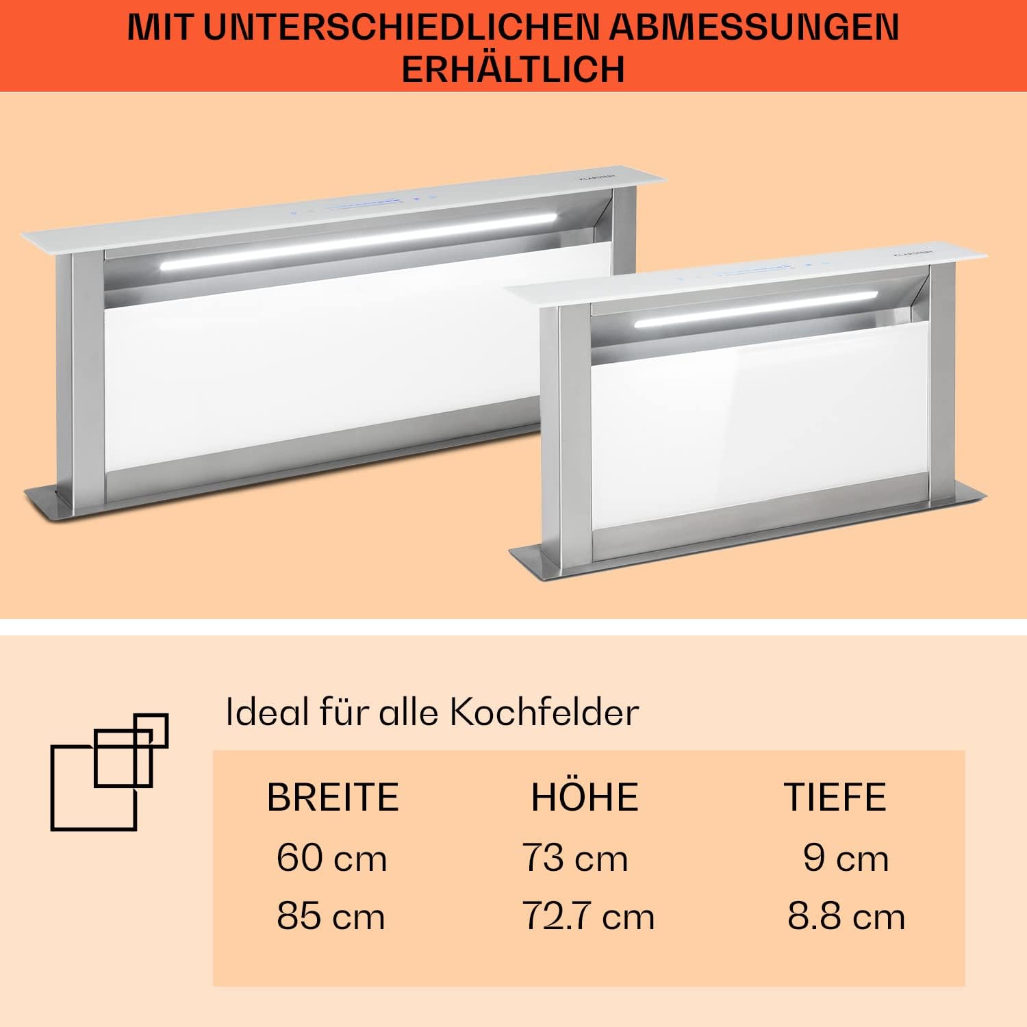 Klarstein Downdraft-Dunstabzugshaube, Versenkbare Abzugshaube, Leise Dunstabzugshauben mit Filter, Dunstabzugshaube 60cm, Umluft/Abluft Dunsthaube mit 10 Stufen, Dunstabzug 576 m³/h Luftstrom