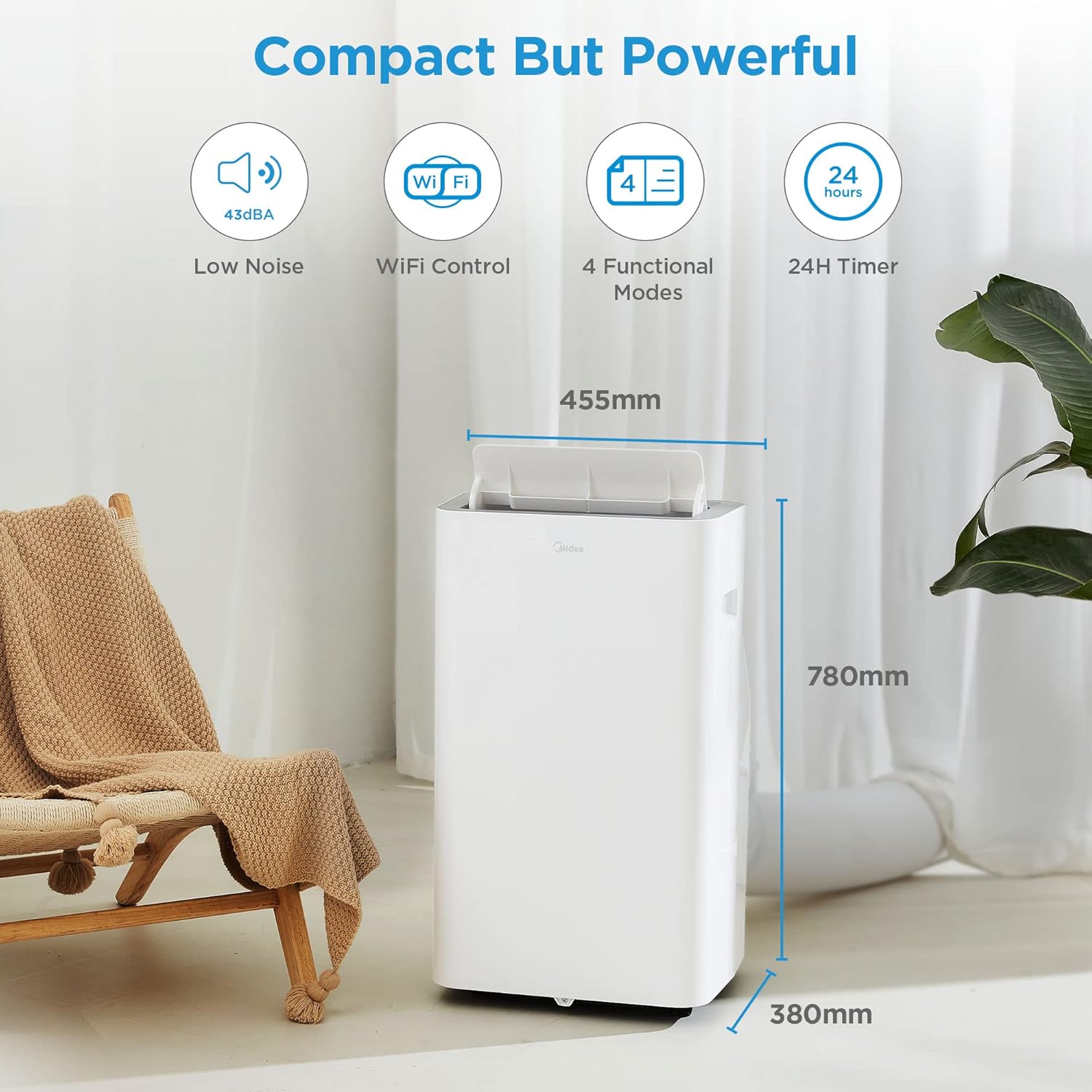Midea Mobiles Klimagerät Silent Cool 26 Pro WF, 9000 BTU 2,6kW, Kühlen&Ventilieren&Entfeuchten, Raumgröße bis 88m³(33㎡), APP-Steuerung/Alexa/Google Home/IFTTT, Mobile Klimaanlage mit Abluftschlauch