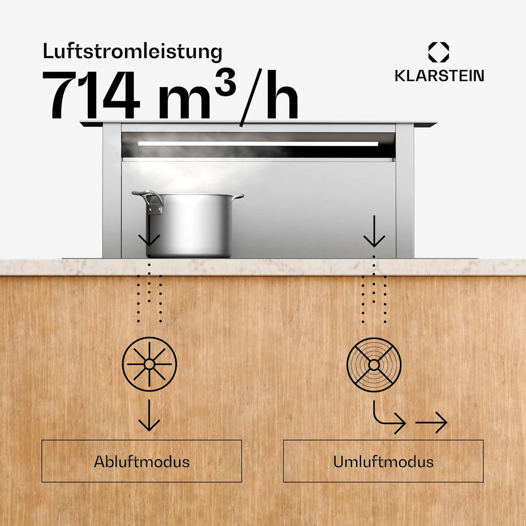 Klarstein Downdraft-Dunstabzugshaube, Versenkbare Abzugshaube, Leise Dunstabzugshauben mit Filter, Dunstabzugshaube 60cm, Umluft/Abluft Dunsthaube mit 10 Stufen, Dunstabzug 576 m³/h Luftstrom