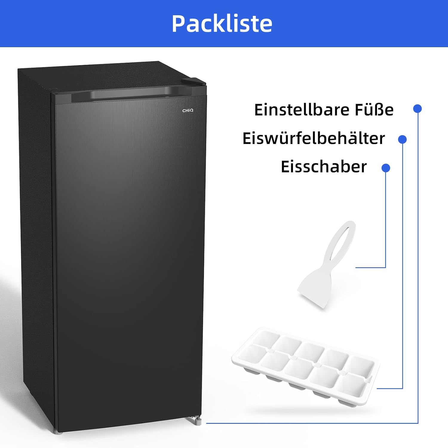 CHiQ FSD166NE4E Gefrierschrank 166 L, No Frost Technologie, Wechselbarer Türanschlag, Schwarzer Edelstahl, 144cm Höhe