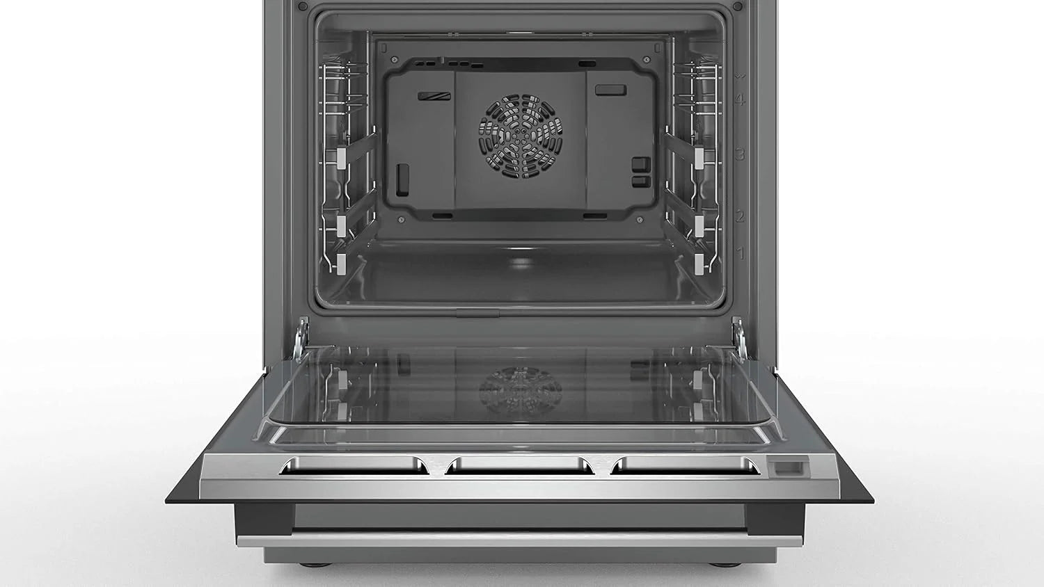 Bosch HKR39C250 Serie 4 Elektro-Standherd, 60 cm breit, EcoClean Direct Reinigungshilfe, 3D Heißluft Backen auf 3 Ebenen, LED-Display-Steuerung, erweiterbare Kochzone für großes Kochgeschirr