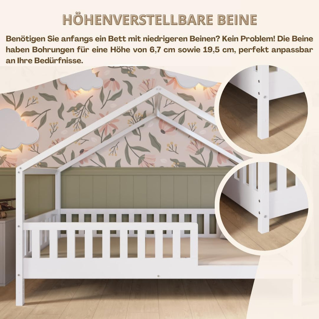 Crazy Pine Hausbett mit Schubladen 200x90 cm – Kinderbett aus Naturholz mit Rausfallschutz – Montessori Bodenbett mit zusätzlichen Stauraum und und Abnehmbarer Barriere - Crazy House