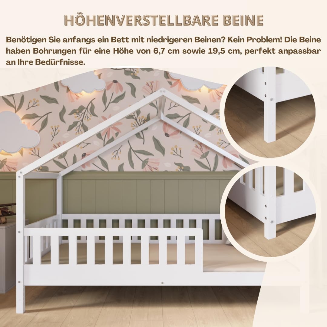Crazy Pine Hausbett mit Schubladen 200x90 cm – Kinderbett aus Naturholz mit Rausfallschutz – Montessori Bodenbett mit zusätzlichen Stauraum und und Abnehmbarer Barriere - Crazy House