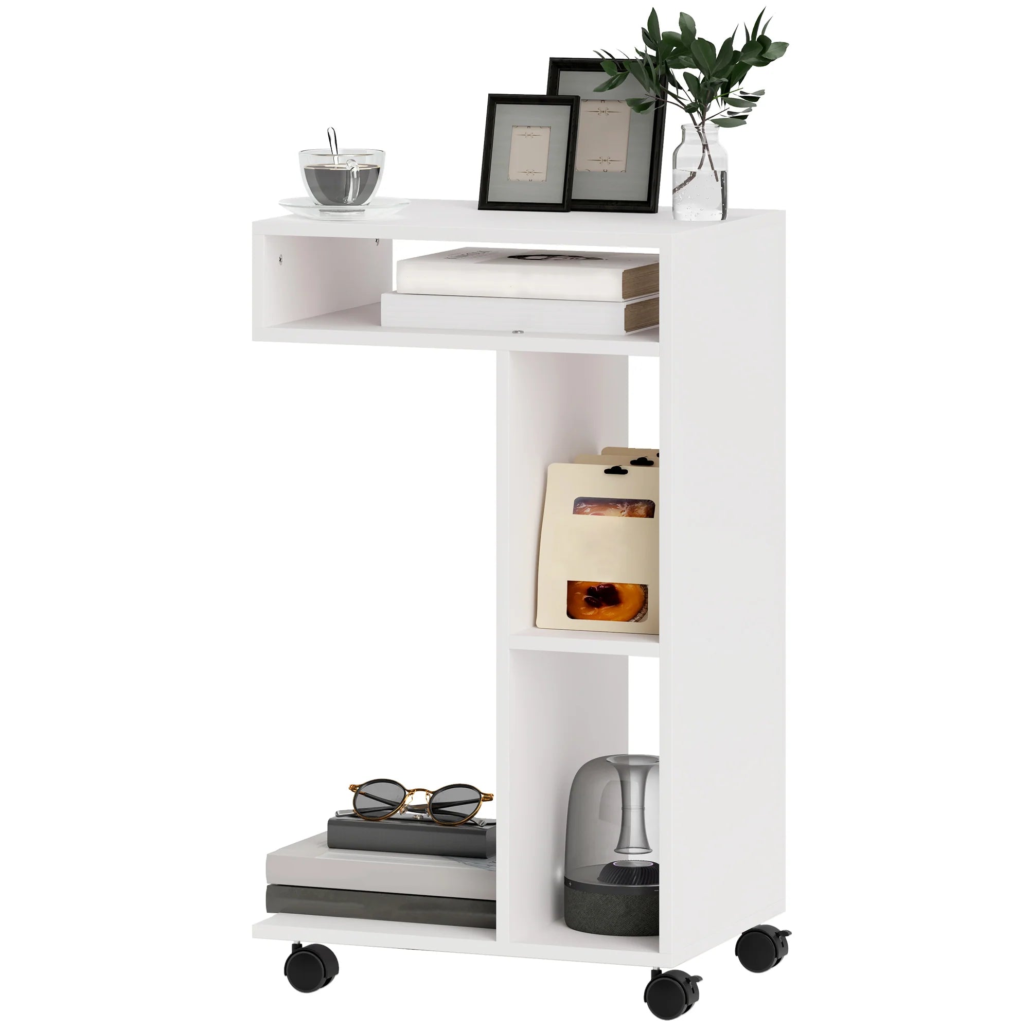 HOMCOM Beistelltisch C-Form mit Rollen und Regalen Weiß