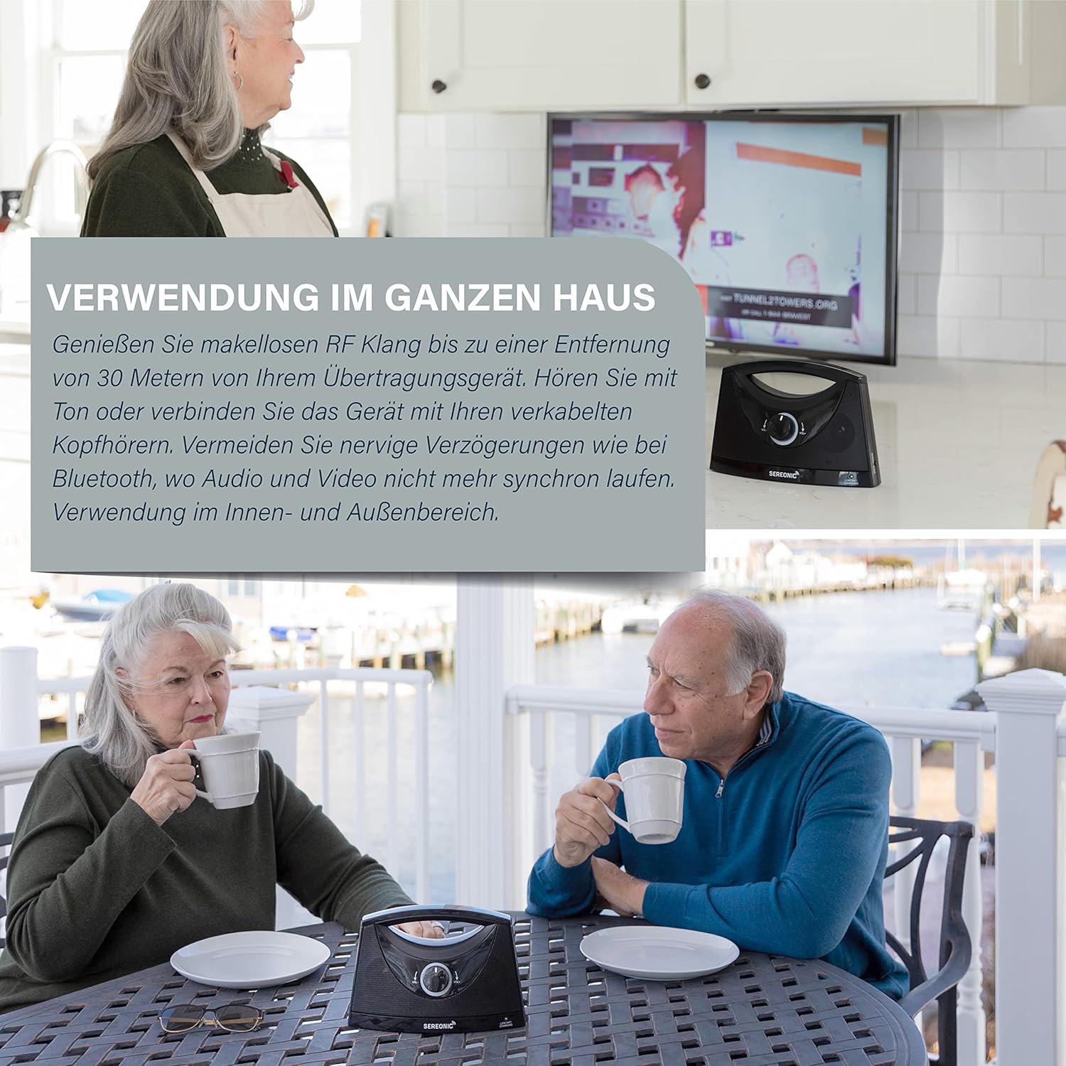 SEREONIC Tragbare Kabellose TV Lautsprecher für Smart TV – Idealer Lautsprecher für Fernseher ohne Dröhnenden Klang – Kabelloser TV Lautsprecher für Hörbeeinträchtigte und Senioren – Reichweite 30 m