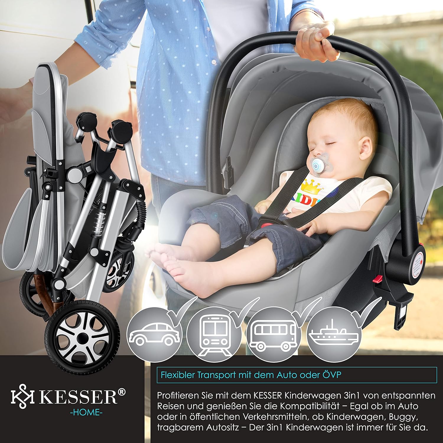 KESSER Loops 3 in 1 Kinderwagen Kombikinderwagen Komplett-Set inkl. Babywanne & Buggy Sportsitz & Auto-Babyschale Voll-Gummireifen Wickeltasche Regenschutz Kindertisch ECE R129, Schwarz/Champagne