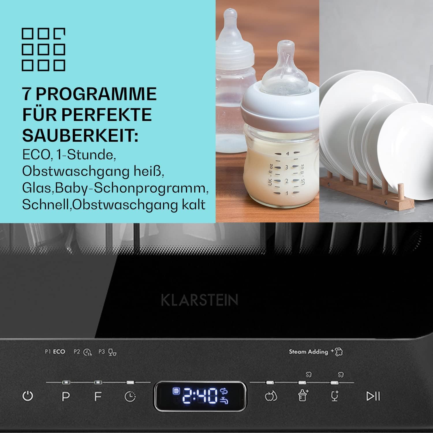 Klarstein  ia Mini Geschirrspüler, Spülmaschine mit Platz für 2 Maßgedecke, 6 Programme, 5 L Wasser benötigt, LED-Display, Touch, Tischgeschirrspüler inkl. Zubehör, schwarz