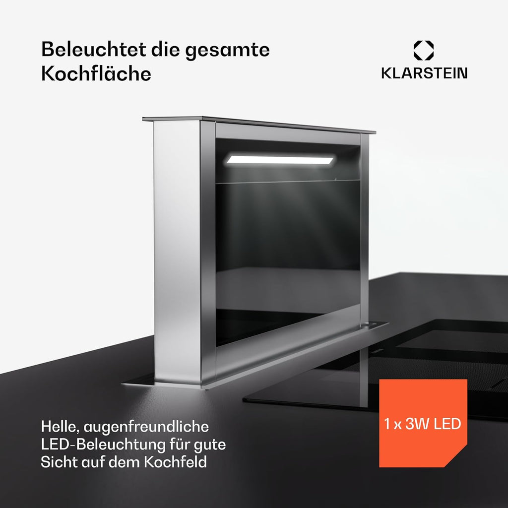 Klarstein Downdraft-Dunstabzugshaube, Versenkbare Abzugshaube, Leise Dunstabzugshauben mit Filter, Dunstabzugshaube 60cm, Umluft/Abluft Dunsthaube mit 10 Stufen, Dunstabzug 576 m³/h Luftstrom