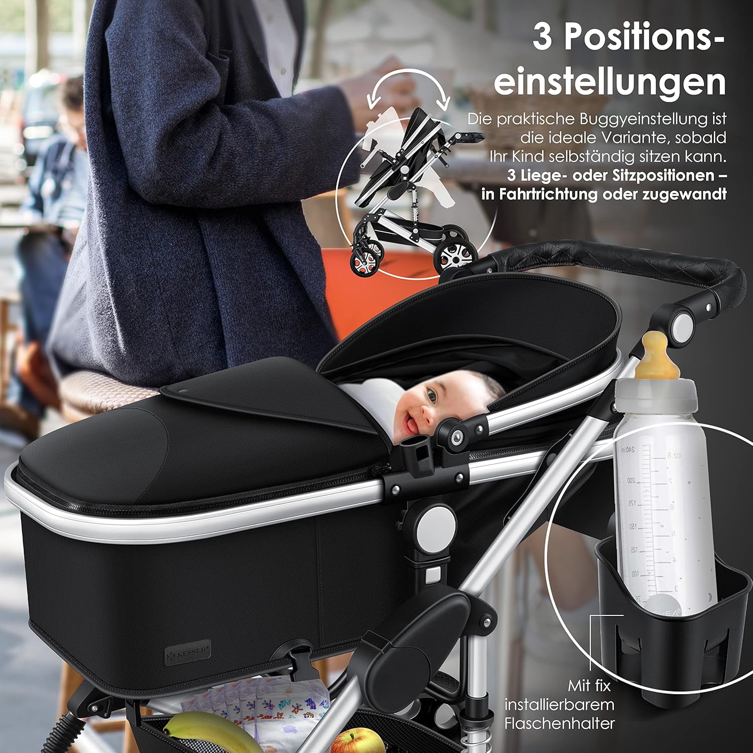 KESSER Loops 3 in 1 Kinderwagen Kombikinderwagen Komplett-Set inkl. Babywanne & Buggy Sportsitz & Auto-Babyschale Voll-Gummireifen Wickeltasche Regenschutz Kindertisch ECE R129, Schwarz/Champagne