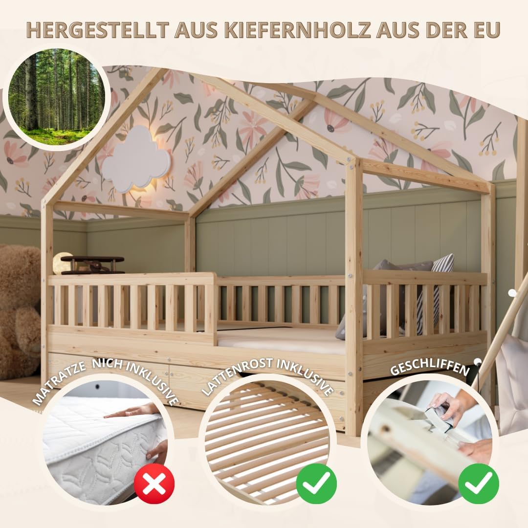 Crazy Pine Hausbett mit Schubladen 200x90 cm – Kinderbett aus Naturholz mit Rausfallschutz – Montessori Bodenbett mit zusätzlichen Stauraum und und Abnehmbarer Barriere - Crazy House