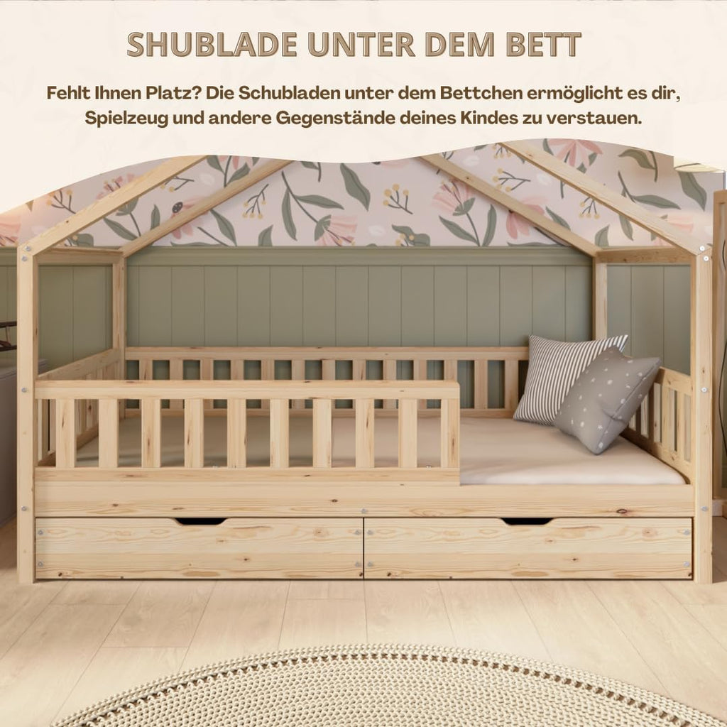 Crazy Pine Hausbett mit Schubladen 200x90 cm – Kinderbett aus Naturholz mit Rausfallschutz – Montessori Bodenbett mit zusätzlichen Stauraum und und Abnehmbarer Barriere - Crazy House