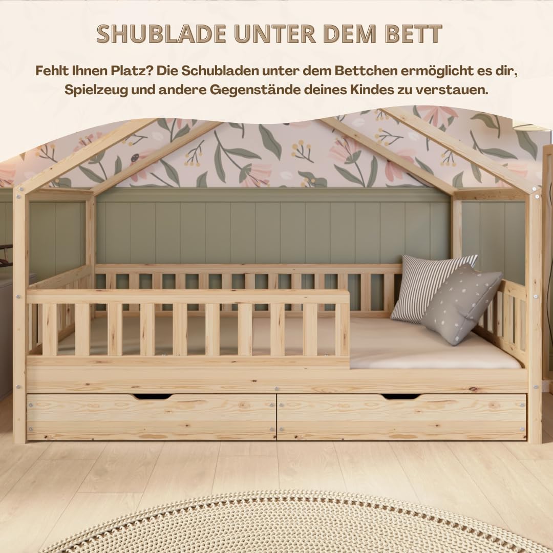 Crazy Pine Hausbett mit Schubladen 200x90 cm – Kinderbett aus Naturholz mit Rausfallschutz – Montessori Bodenbett mit zusätzlichen Stauraum und und Abnehmbarer Barriere - Crazy House
