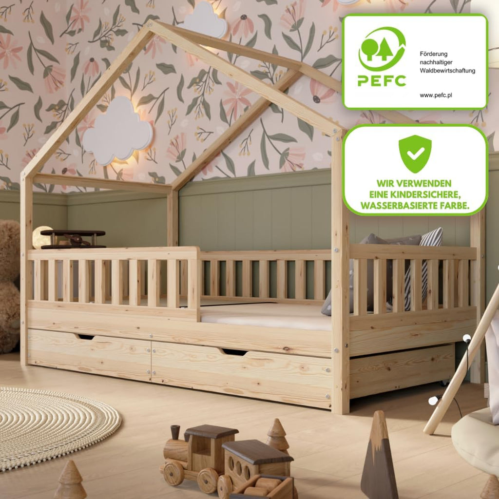 Crazy Pine Hausbett mit Schubladen 200x90 cm – Kinderbett aus Naturholz mit Rausfallschutz – Montessori Bodenbett mit zusätzlichen Stauraum und und Abnehmbarer Barriere - Crazy House