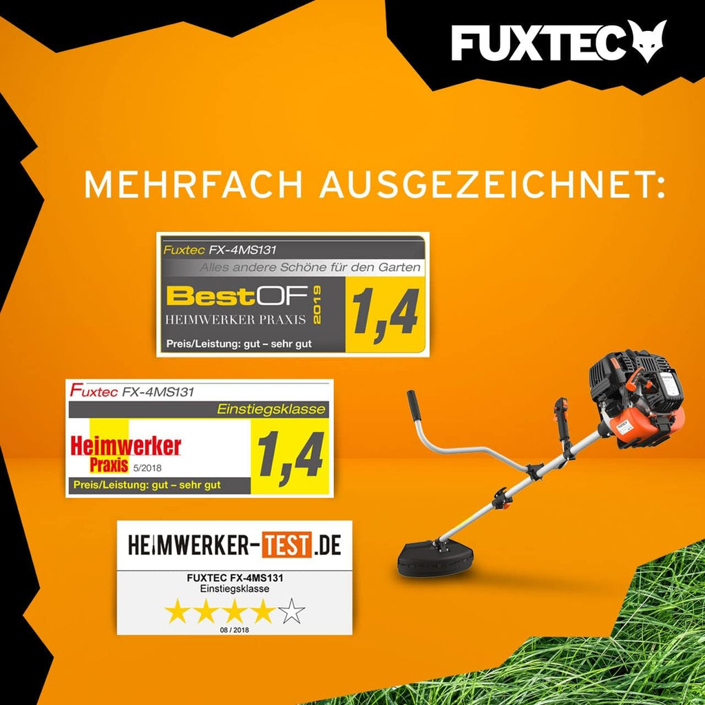 FUXTEC Benzin Motorsense FX-4MS131, Rasentrimmer mit 4-Takt-Motor, 320 mm Schnittkreis, ergonomischer Zweihandgriff, Notstop-Schalter, leichtgewichtig, inkl. Profi-Tragegurt/Messer/Faden