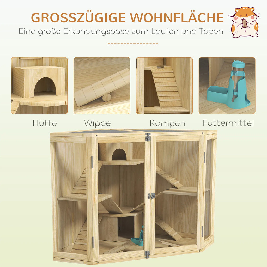 PawHut Hamsterkäfig Holz 4 Ebenen mit Zubehör und Sichtfenster