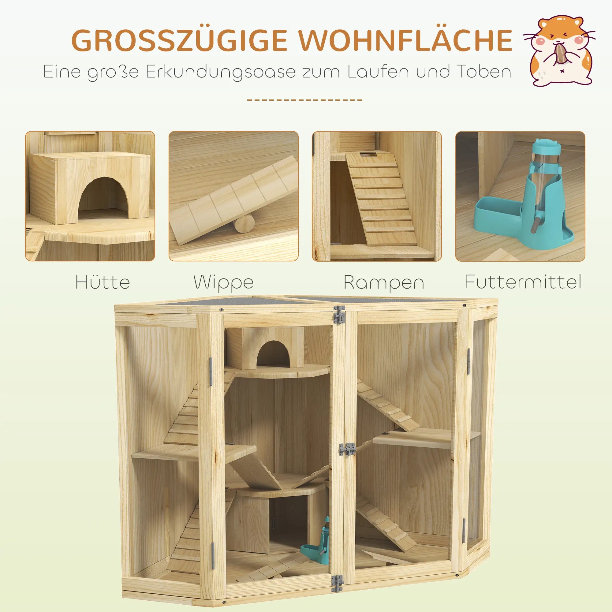 PawHut Hamsterkäfig Holz 4 Ebenen mit Zubehör und Sichtfenster