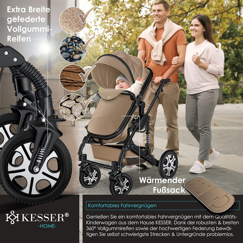 KESSER Loops 3 in 1 Kinderwagen Kombikinderwagen Komplett-Set inkl. Babywanne & Buggy Sportsitz & Auto-Babyschale Voll-Gummireifen Wickeltasche Regenschutz Kindertisch ECE R129, Schwarz/Champagne