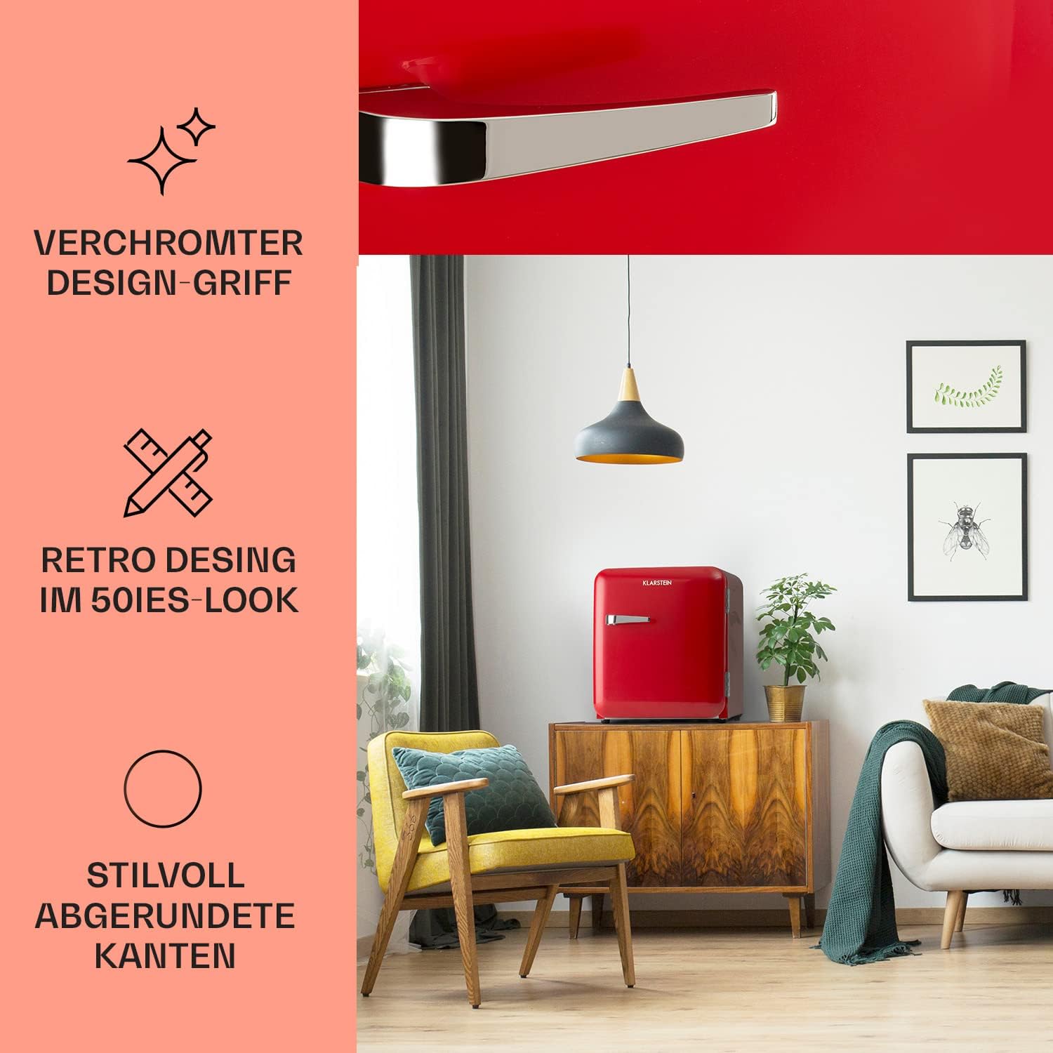 Klarstein Audrey Mini - kleiner Kühlschrank, kompakte Mini-Bar, freistehend, Kompressionskühlung, Fassungsvermögen, Kühlung: 0-10 °C, Mini-Kühlschrank mit 70 Liter Fassungsvermögen, rot