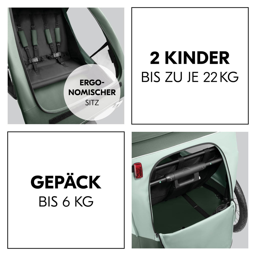 hauck Fahrradanhänger & Kinderwagen Dryk Duo Plus mit Federung, für 2 Kinder (6-48 Monate), inkl. Deichsel, Buggyrad, Fahne und LED Licht, Faltbar, Höhenverstellbar, XL Kofferaum (Dark Green)