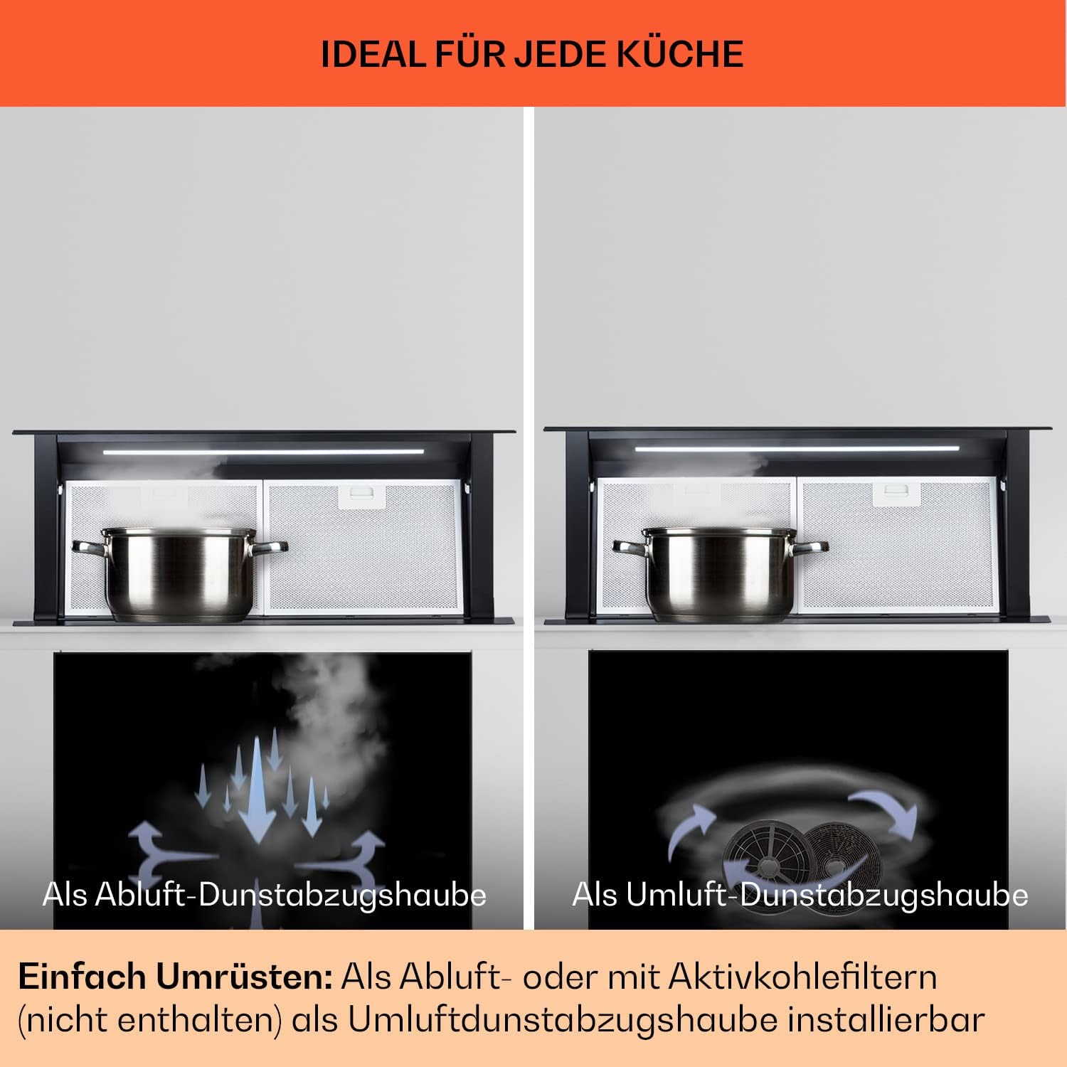 Klarstein Downdraft-Dunstabzugshaube, Versenkbare Abzugshaube, Leise Dunstabzugshauben mit Filter, Dunstabzugshaube 60cm, Umluft/Abluft Dunsthaube mit 10 Stufen, Dunstabzug 576 m³/h Luftstrom