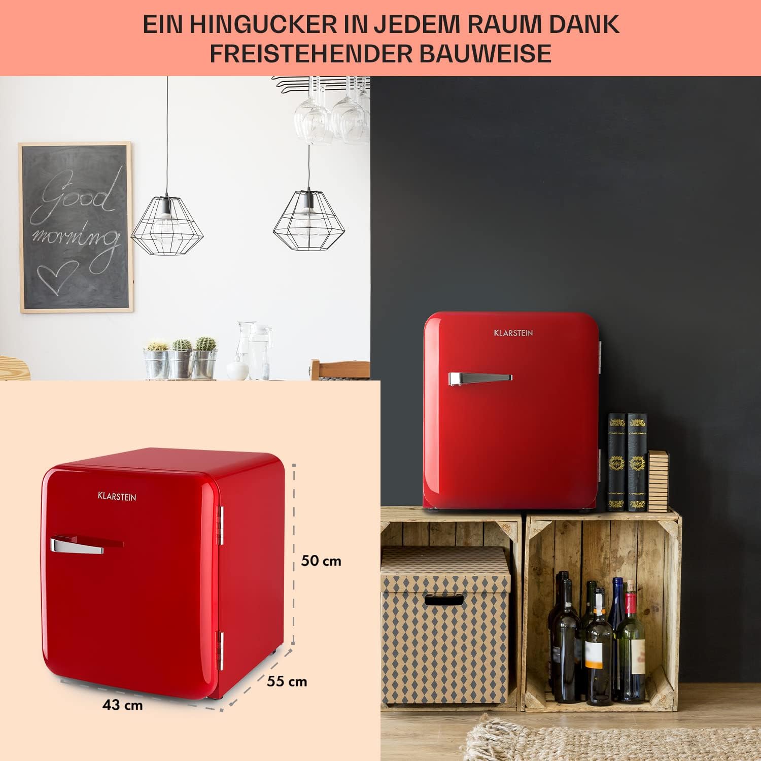 Klarstein Audrey Mini - kleiner Kühlschrank, kompakte Mini-Bar, freistehend, Kompressionskühlung, Fassungsvermögen, Kühlung: 0-10 °C, Mini-Kühlschrank mit 70 Liter Fassungsvermögen, rot