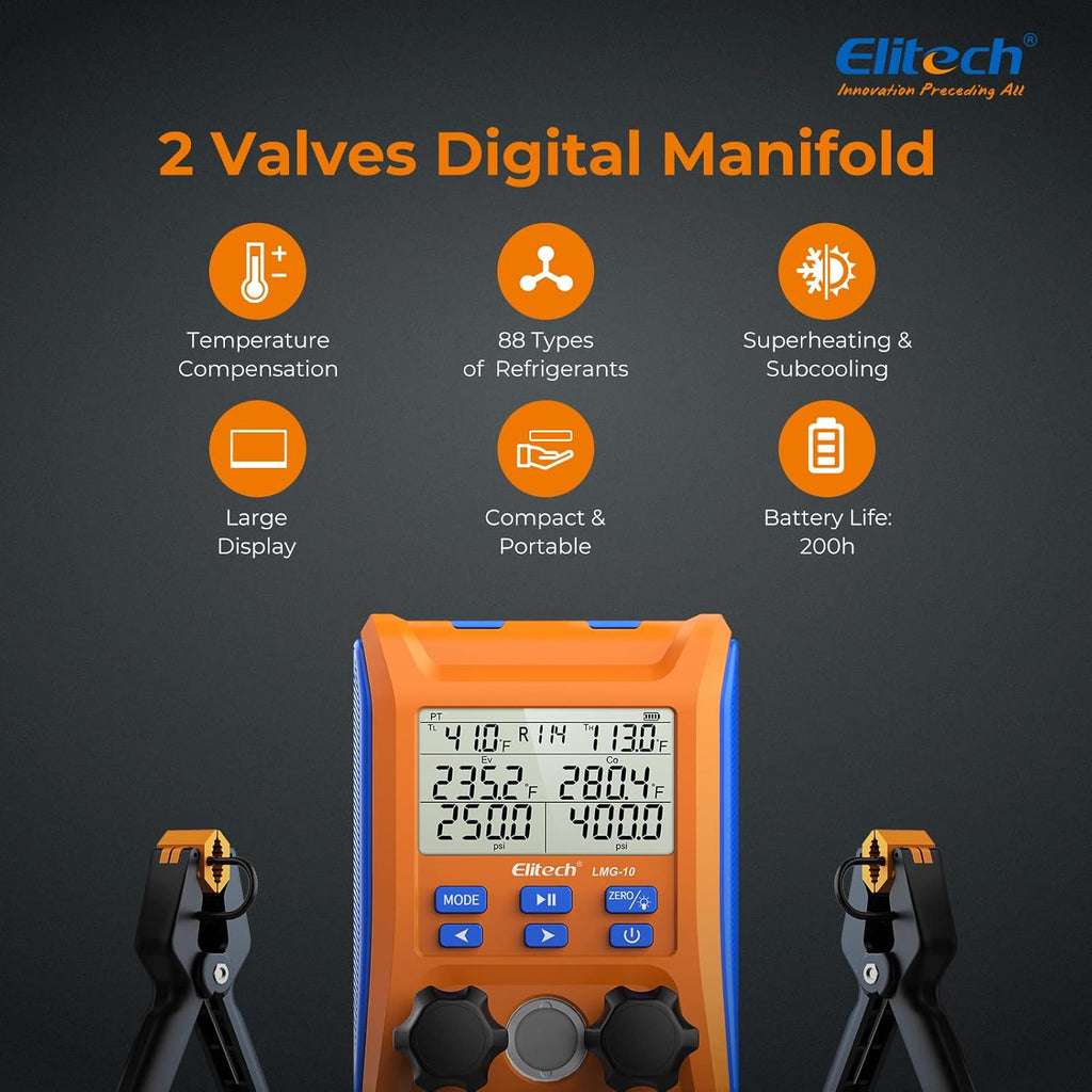 Elitech Kältetechnik die Monteurhilfe Manifold Gauge Set, Hochpräzises Vakuum Drucktemperatur Lecktester Tester Digitales Messgerät für Kühlschränke LMG-10