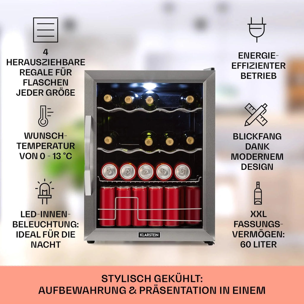 Klarstein Mini Kühlschrank mit Glastür für Zimmer, Getrnkekühlschrank mit Verstellbaren Ablagen, Kleiner 80 Liter, Indoor/Outdoor Kühlschrank Leise