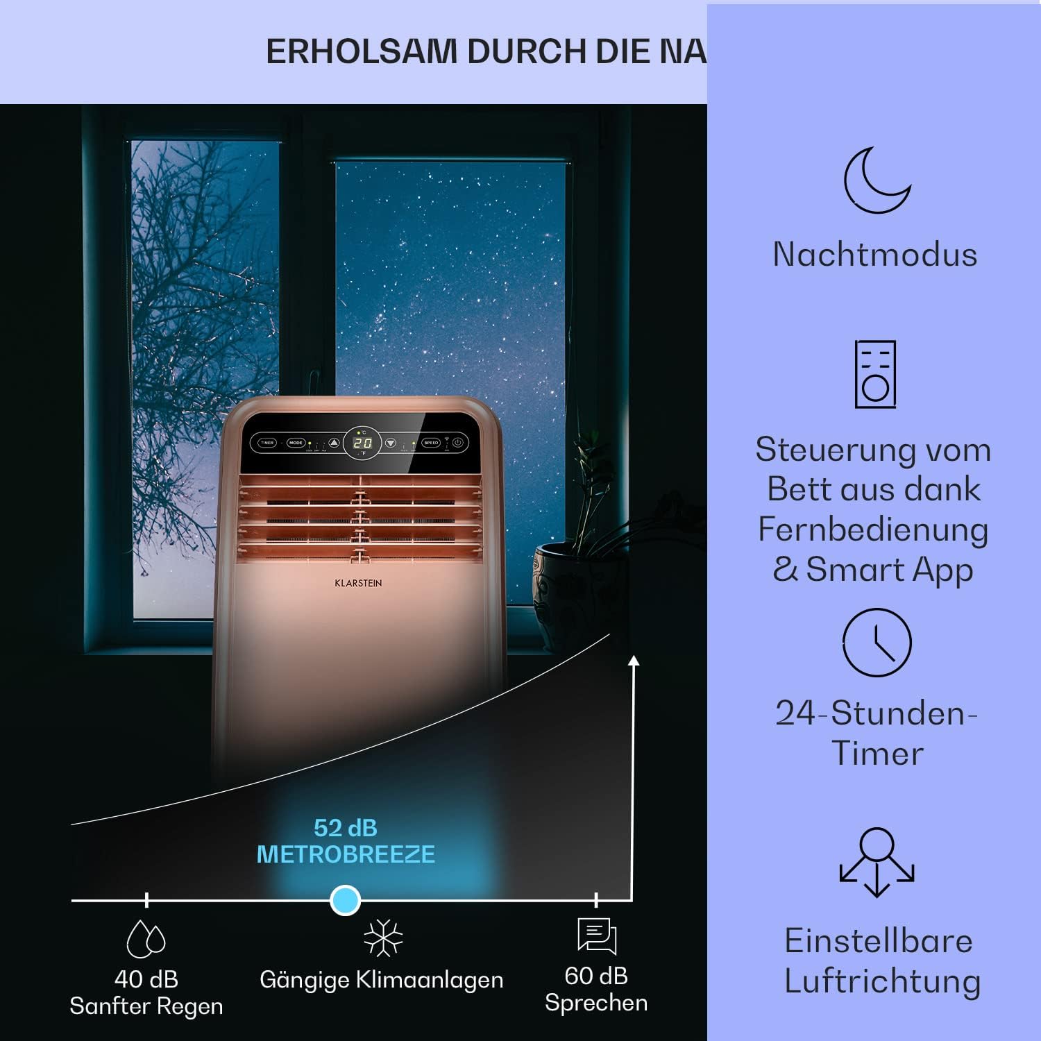 Klarstein Mobile Klimaanlage mit Abluftschlauch, 4-in-1 Klimagerät mit Ventilator, Luftentfeuchter & Nachtmodus, Kleine & Portable Klimaanlage für Wohnung & Büro, App-Steuerung, 12000 BTU
