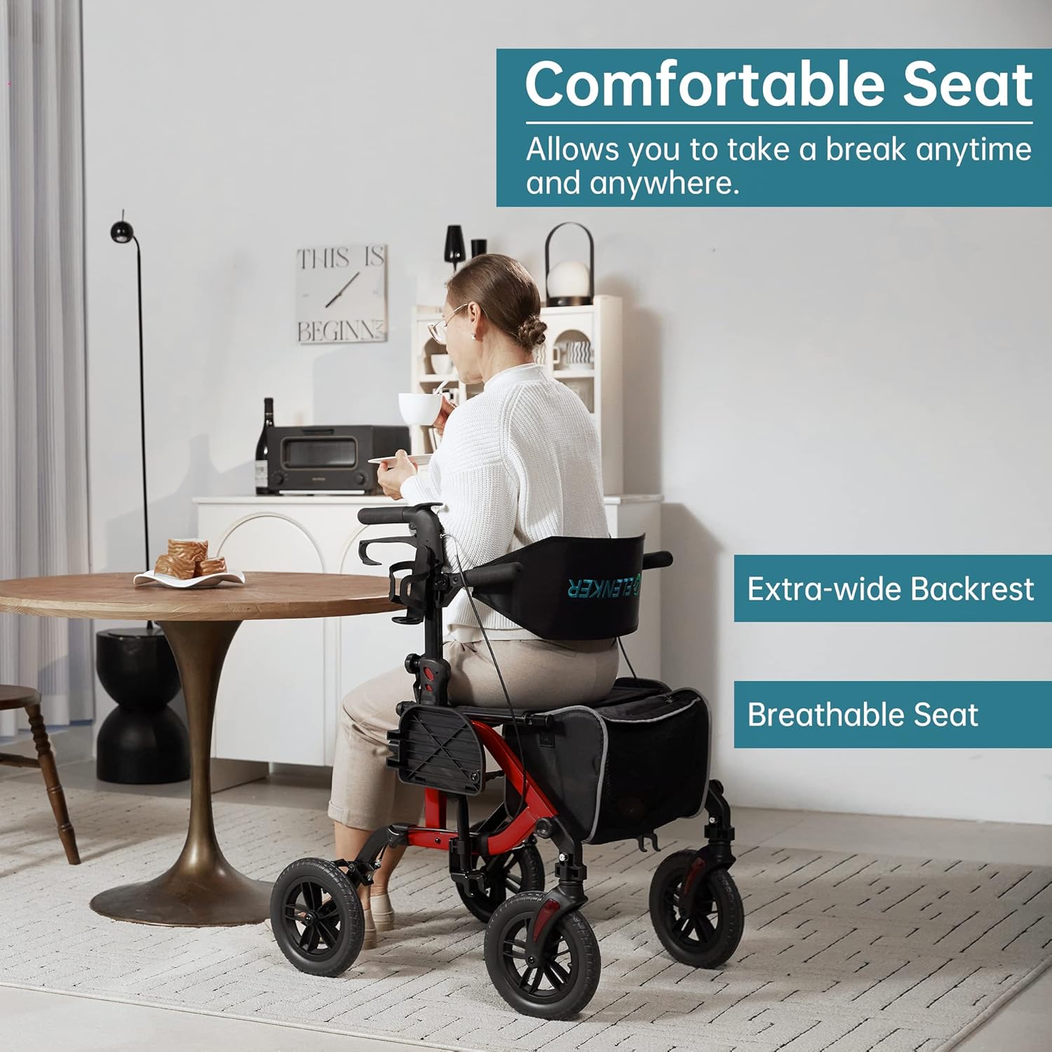 Geländegängiger 2-in-1-Rollator und Transportstuhl, zusammenklappbarer Rollstuhl mit luftlosen 10-Zoll-Rädern für Senioren, umkehrbare Rückenlehne und abnehmbare Fußstützen, blau