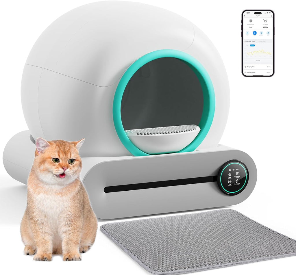 Selbstreinigende Katzentoilette, Automatische Katzentoilette mit Matte und Einlagen, 65 l + 9 l große Kapazität, Selbstreinigende Katzentoilette, App-Steuerung/Geeignet für mehrere Katzen – Grau
