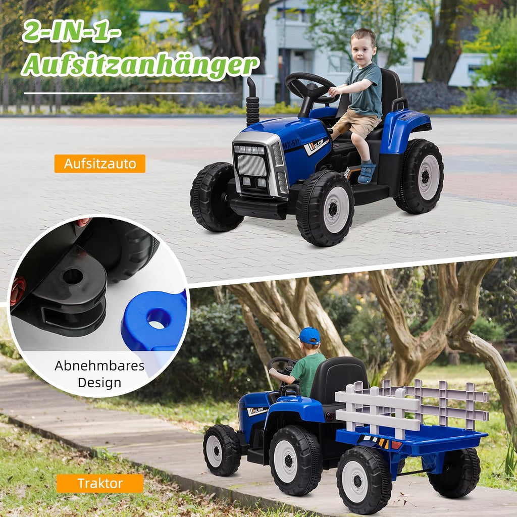 HAUSPROFI 12V 3-Gang Kinder Elektroauto mit Anhänger, Elektro Traktor 2 Fahrmodi, 2,4G-Fernbedienung, Kinder Traktor LED-Licht, Bluetooth, Musik, USB, Elektrischer Traktor für kinder ab 3 Jahren, Grün