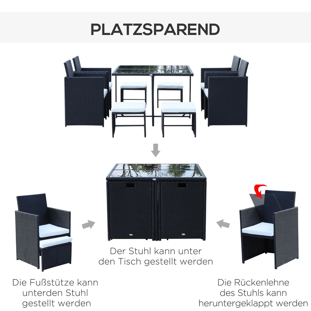 Outsunny Polyrattan Gartenmöbelset 9-tlg. platzsparend wetterfest