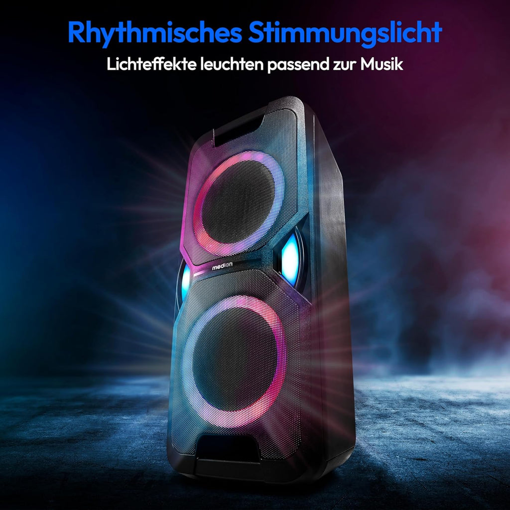 MEDION P61468 Party-Soundsystem (Partylautsprecher inkl. Mikrofon, Karaoke, Akku, UKW Radio, Bluetooth 5.0, Kompaktanlage, 2X 220 Watt, Farbige LED, USB, AUX, 2X Mikrofonanschluss)