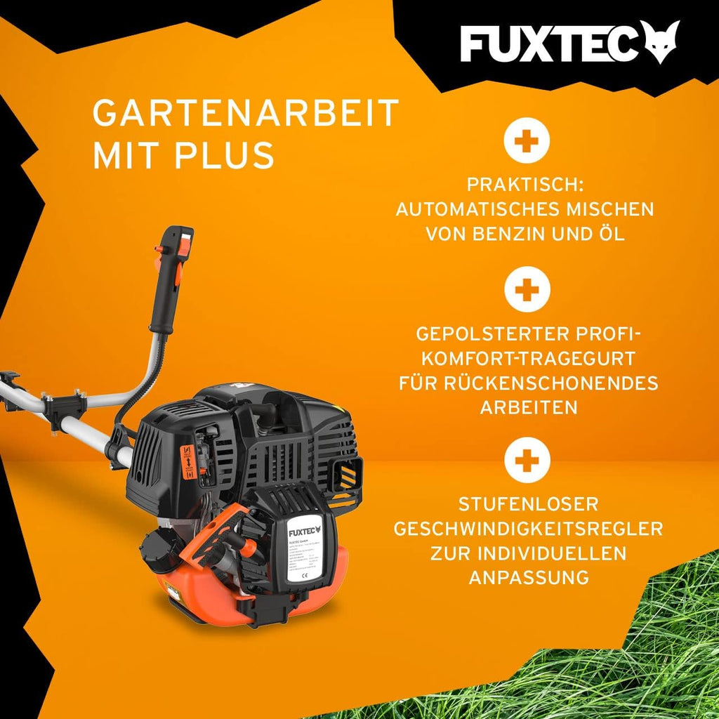 FUXTEC Benzin Motorsense FX-4MS131, Rasentrimmer mit 4-Takt-Motor, 320 mm Schnittkreis, ergonomischer Zweihandgriff, Notstop-Schalter, leichtgewichtig, inkl. Profi-Tragegurt/Messer/Faden