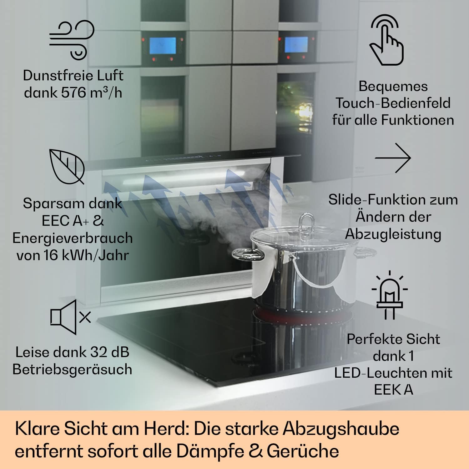 Klarstein Downdraft-Dunstabzugshaube, Versenkbare Abzugshaube, Leise Dunstabzugshauben mit Filter, Dunstabzugshaube 60cm, Umluft/Abluft Dunsthaube mit 10 Stufen, Dunstabzug 576 m³/h Luftstrom